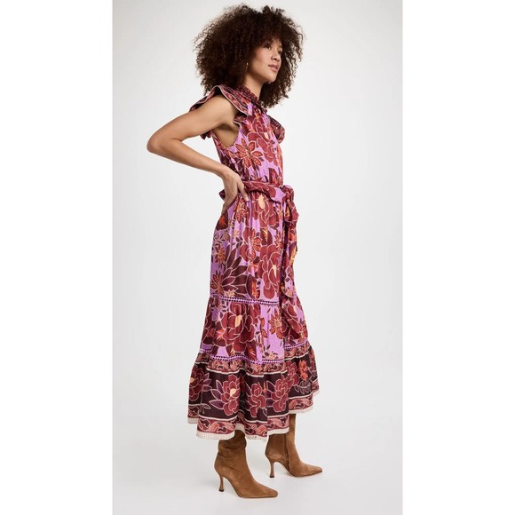 Farm Rio XL Sweet Floral Midi Dress Lilac Purple Belted Ruffles Tiered New $255 - Picture 3 of 7